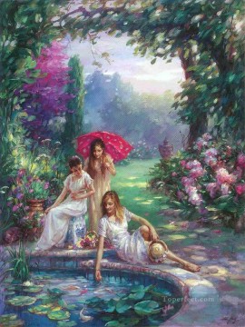 Garden Painting - Koi Pond girls in garden